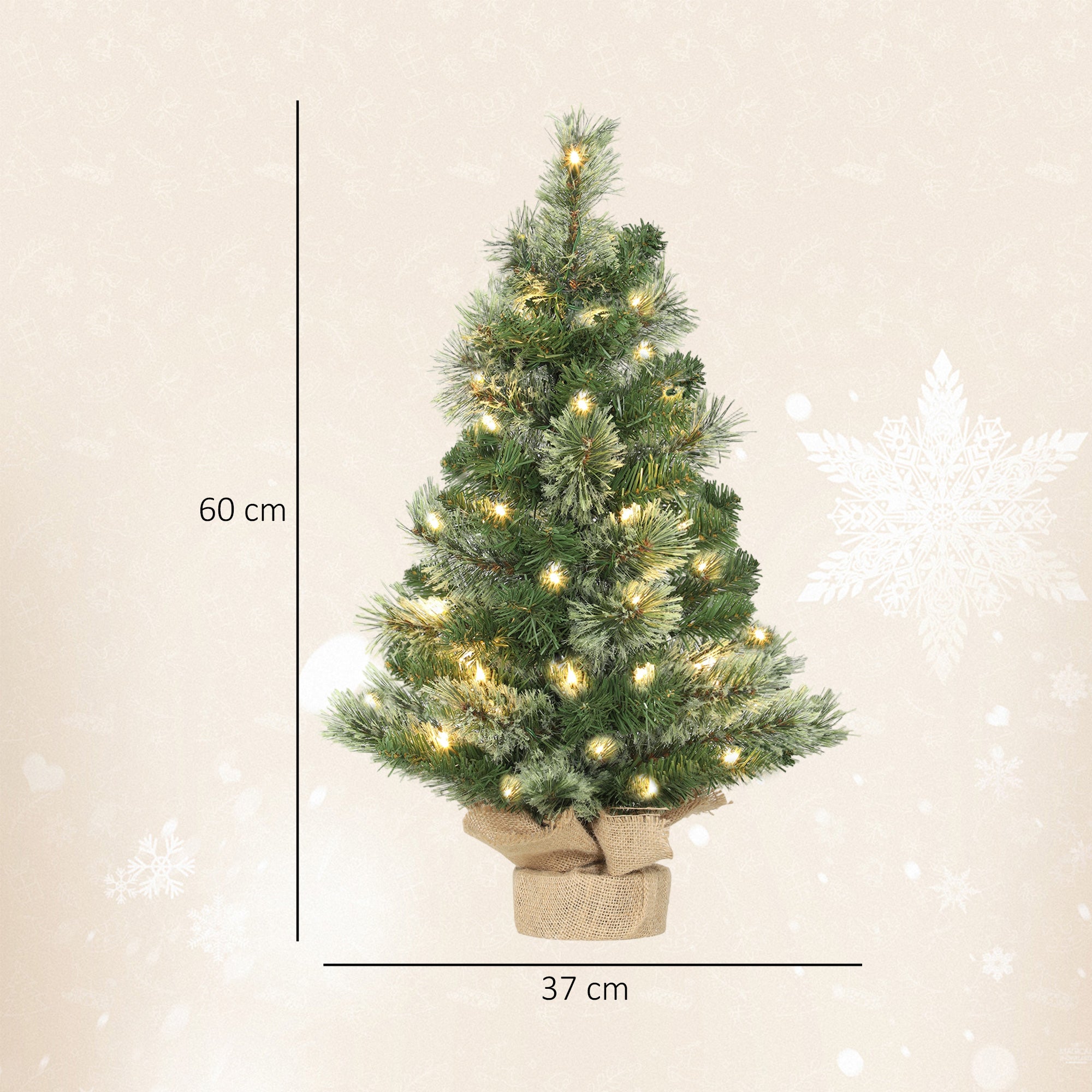 60cm Tall Small Christmas Tree with 35 White LED Lights, 68 Thick and Fireproof Branches