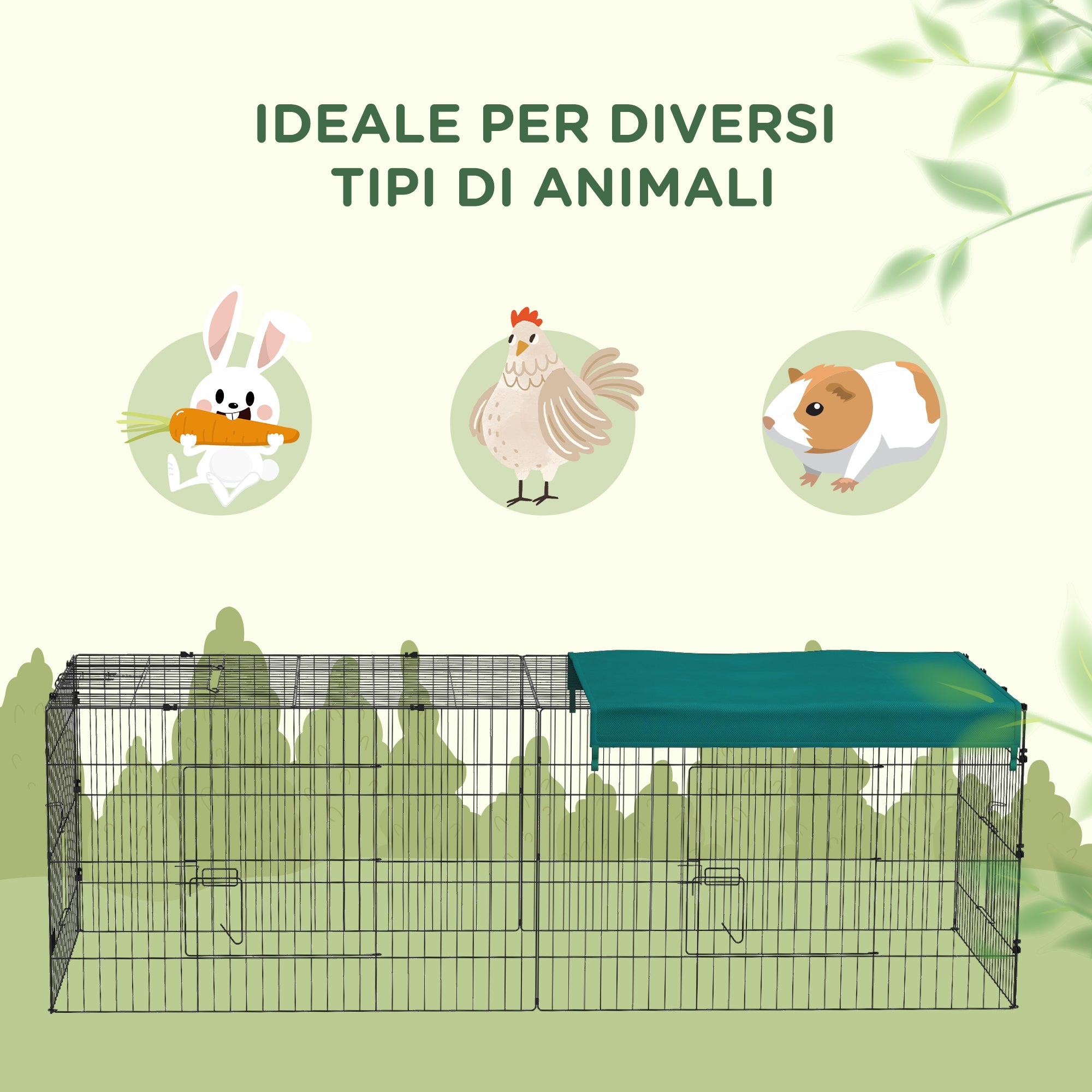 Pawhut for outdoor and interior rabbits with steel roof, 220x85x70cm, green - Borgè