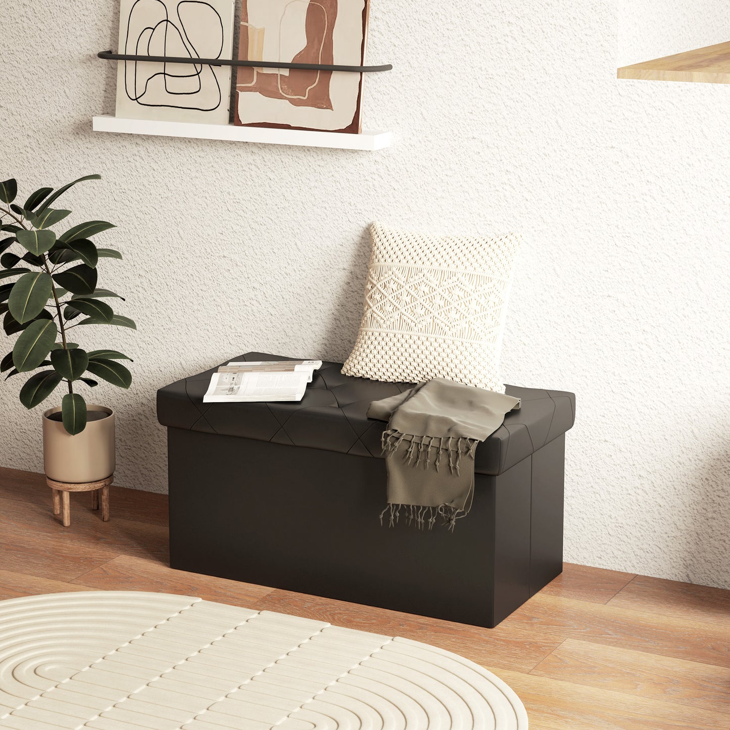 84L Folding Storage Bench, Padded Lid and Faux Leather Upholstery, 76x38x38cm, Black