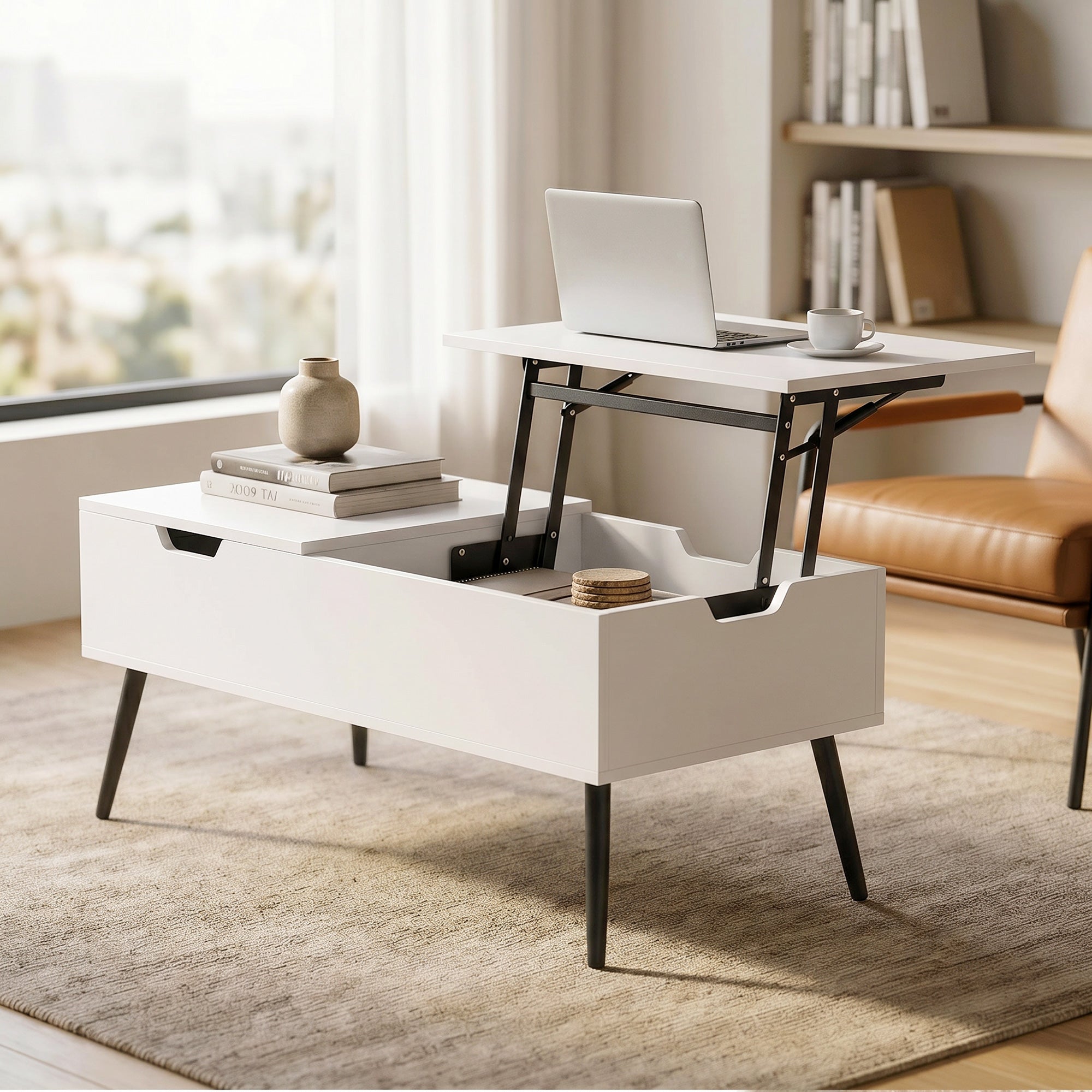 HOMCOM Lift-Up Coffee Table with Double Top and Hidden Storage, White for Living Room