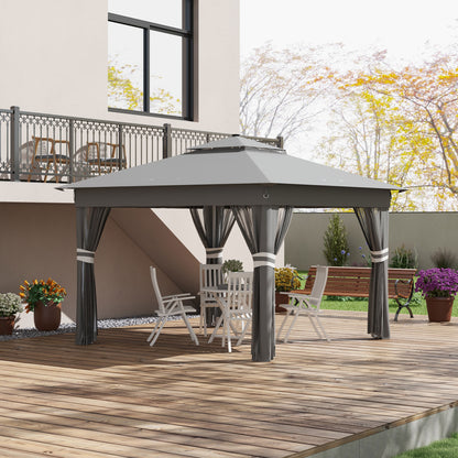 Adjustable Height Garden Gazebo with LED Lights, in Steel and Oxford Fabric, 336x336x250-270 cm, Grey - Borgè