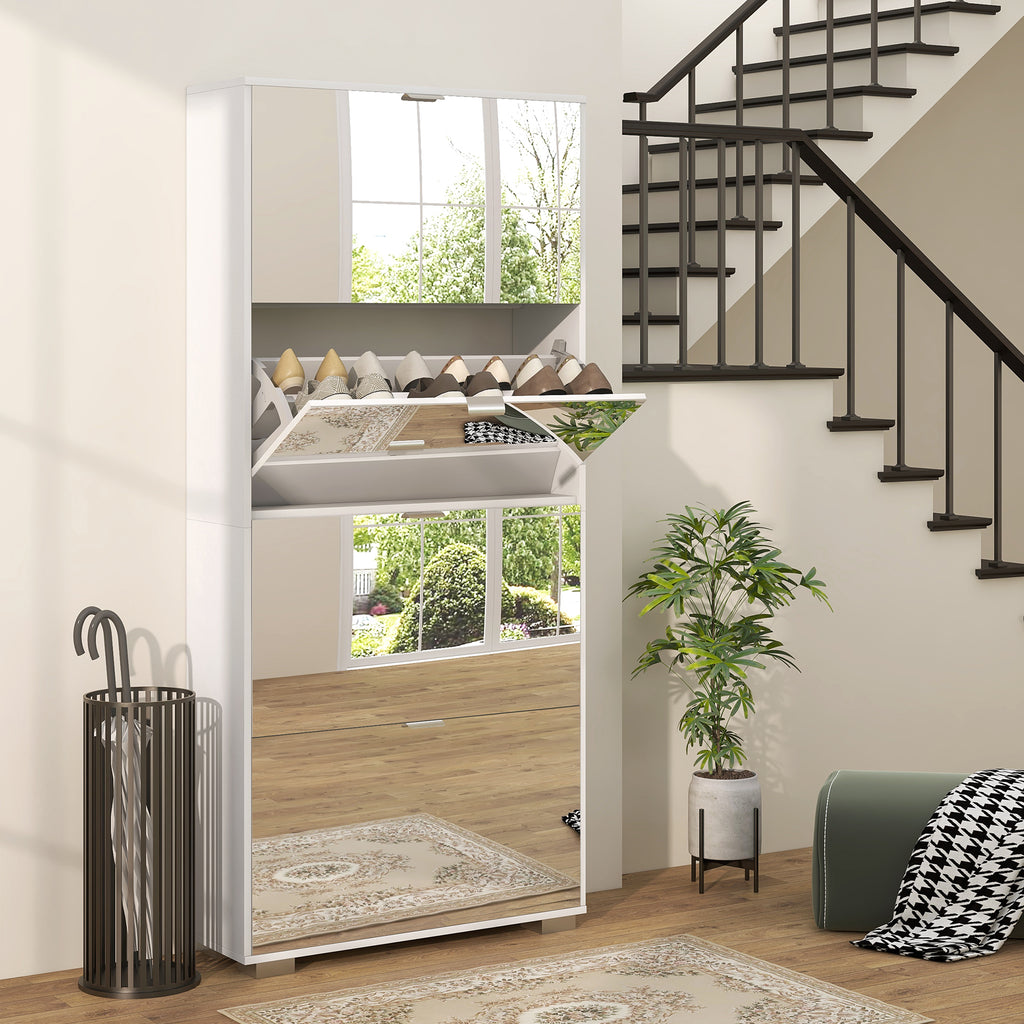 Space-Saving Slim Shoe Rack with Mirror and 4 Drawers for 24 Pairs of Shoes, 76x26x178cm, White