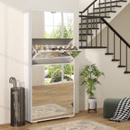 Space-Saving Slim Shoe Rack with Mirror and 4 Drawers for 24 Pairs of Shoes, 76x26x178cm, White