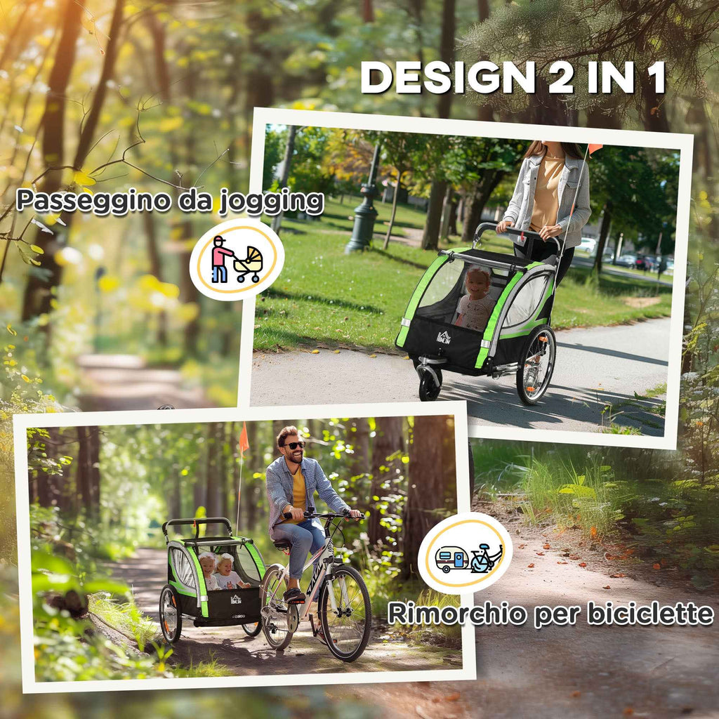 HOMCOM 2-in-1 Kids Bike Trailer and Stroller with Belt, Pockets and Flag, Green