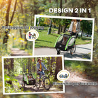 HOMCOM 2-in-1 Kids Bike Trailer and Stroller with Belt, Pockets and Flag, Green