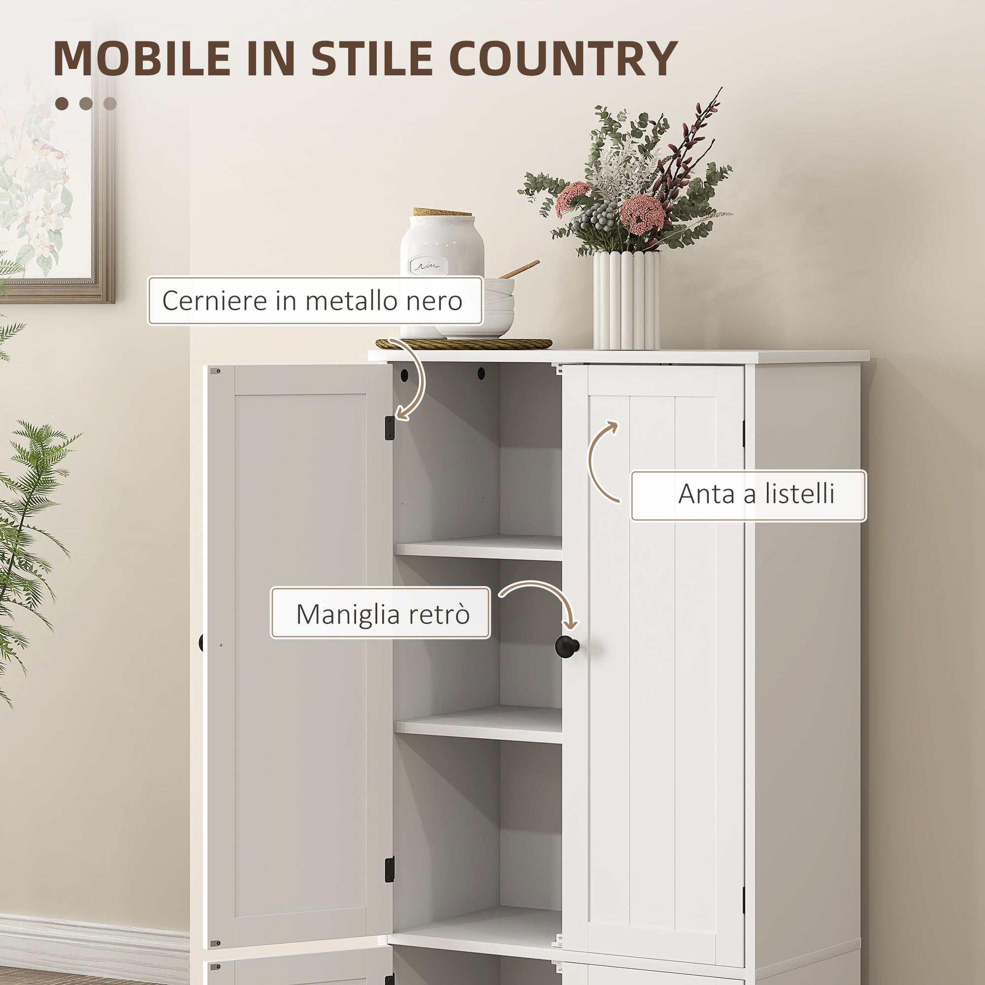 4-Door Kitchen Cabinet with 2 Cupboards and Adjustable Shelf, 58.2x30x123 cm, White