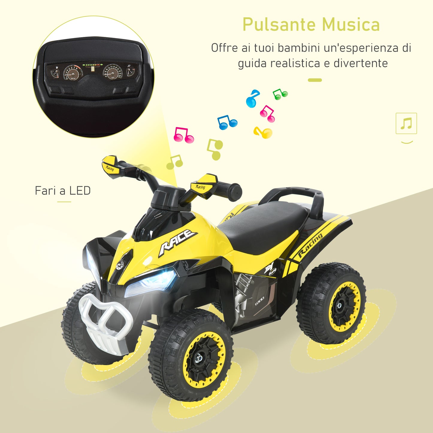 HOMCOM Quad for Children 18-36 Months Manually Pushed with Integrated Wheels, in PP and Metal, 44x67.5x38 cm, Yellow