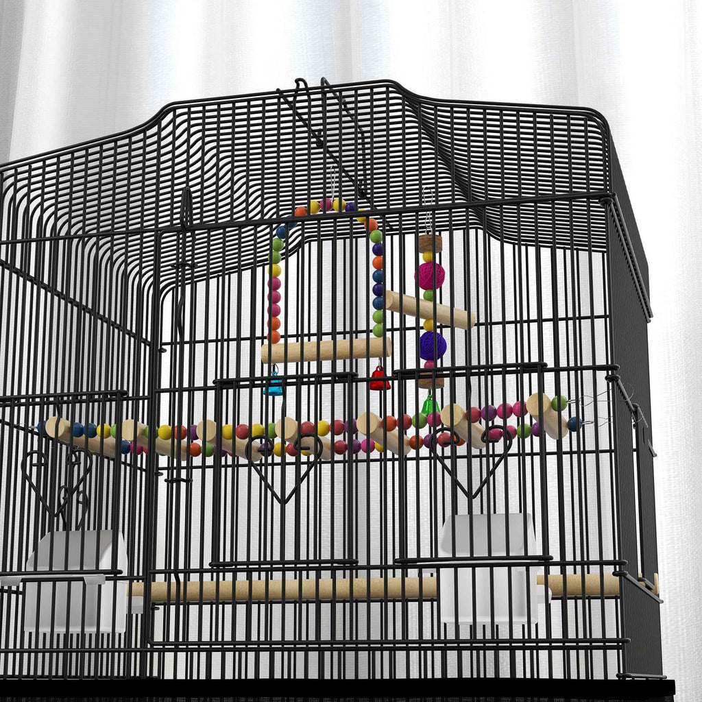 PawHut Bird Cage with Handle, Removable Tray, Wooden Perches, Swing and Bowls, 46.5x35.5x92cm, Black