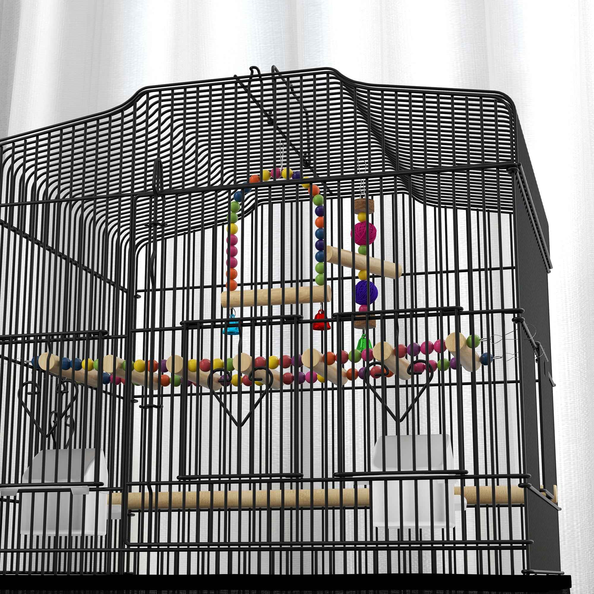 PawHut Bird Cage with Handle, Removable Tray, Wooden Perches, Swing and Bowls, 46.5x35.5x92cm, Black