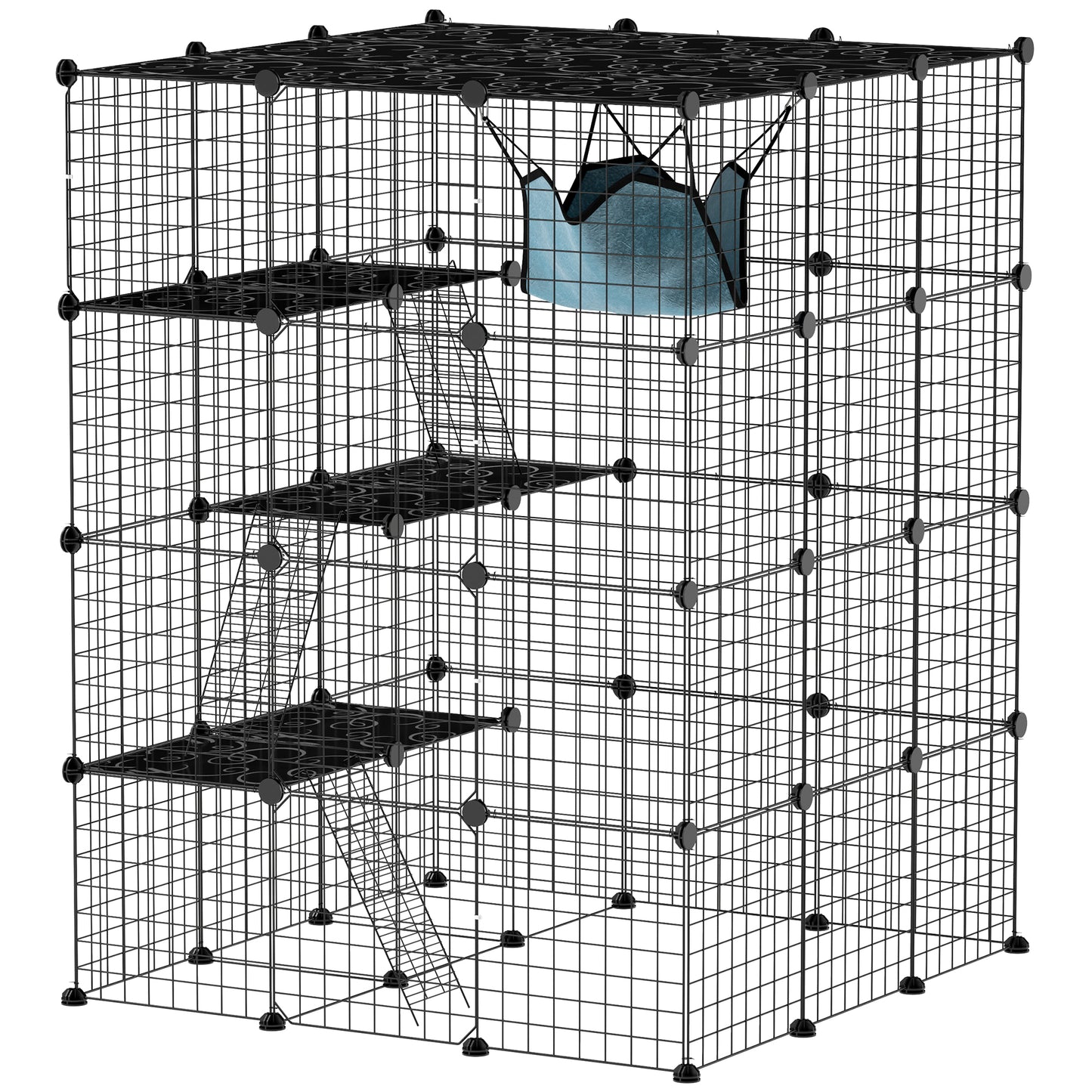 Modular 4-Tier Cat Cage with Platforms, Ramps and 5 Doors, Steel and PP, 105x105x140 cm, Black