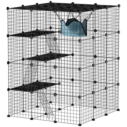 Modular 4-Tier Cat Cage with Platforms, Ramps and 5 Doors, Steel and PP, 105x105x140 cm, Black