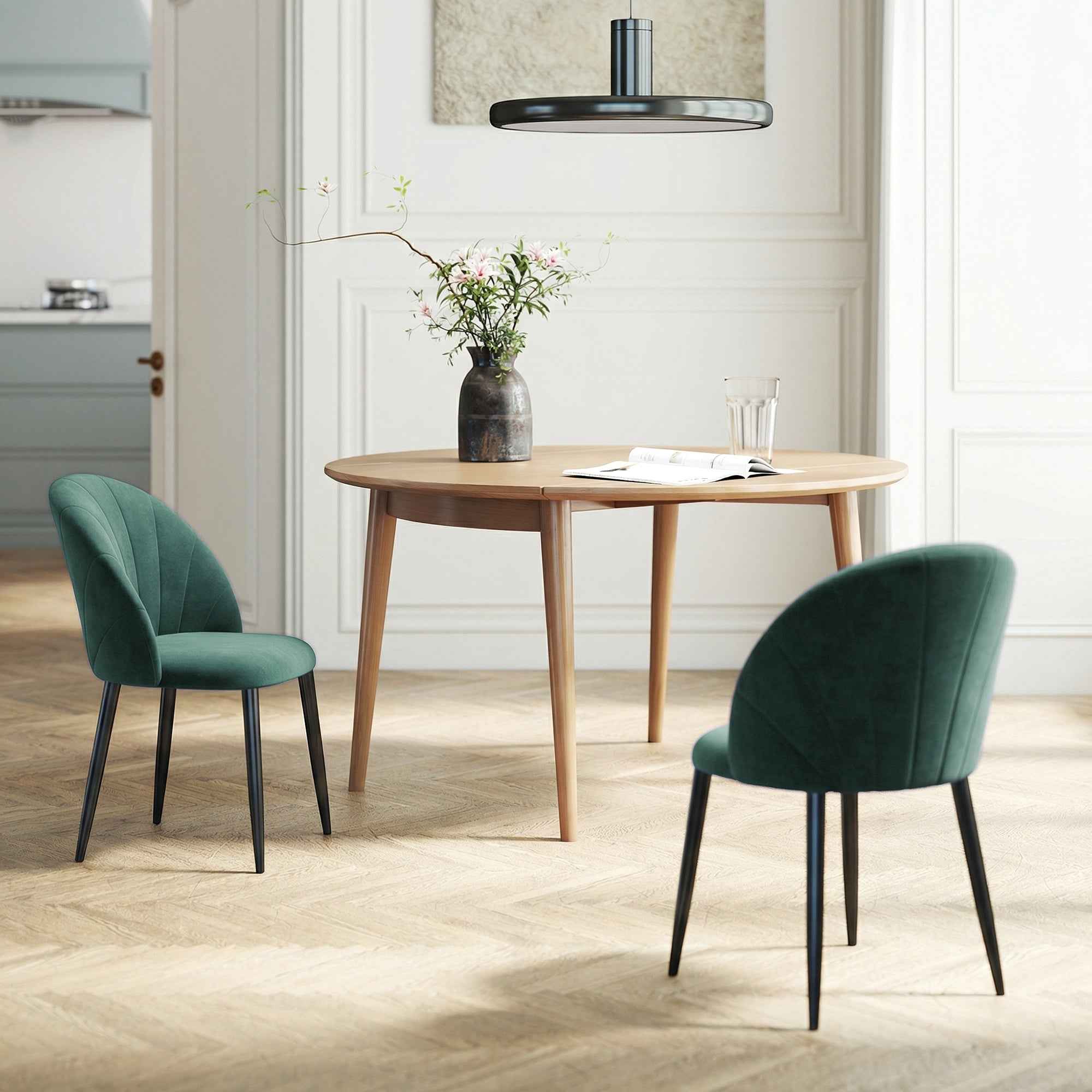 HOMCOM Set of 2 Velvet Shell-Back Dining Chairs, 52 x 55 x 79 cm, Dark Green
