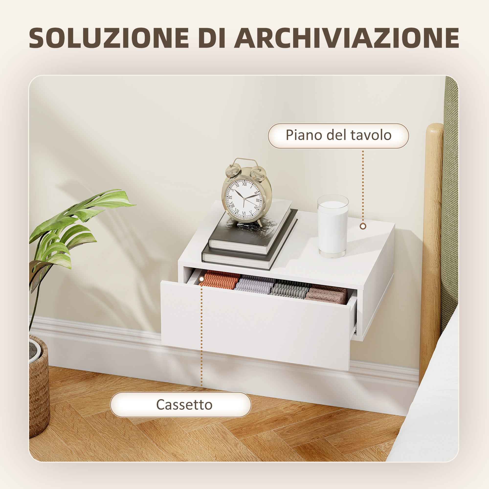 HOMCOM Set of 2 Modern Floating Bedside Tables with Wooden Drawer, 40x30x15cm, White