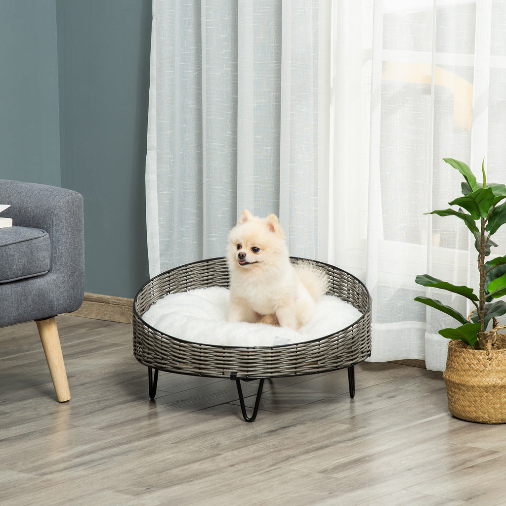 PE Rattan Dog and Cat Bed with Washable Plush Cushion, Φ60x32cm Dark Grey
