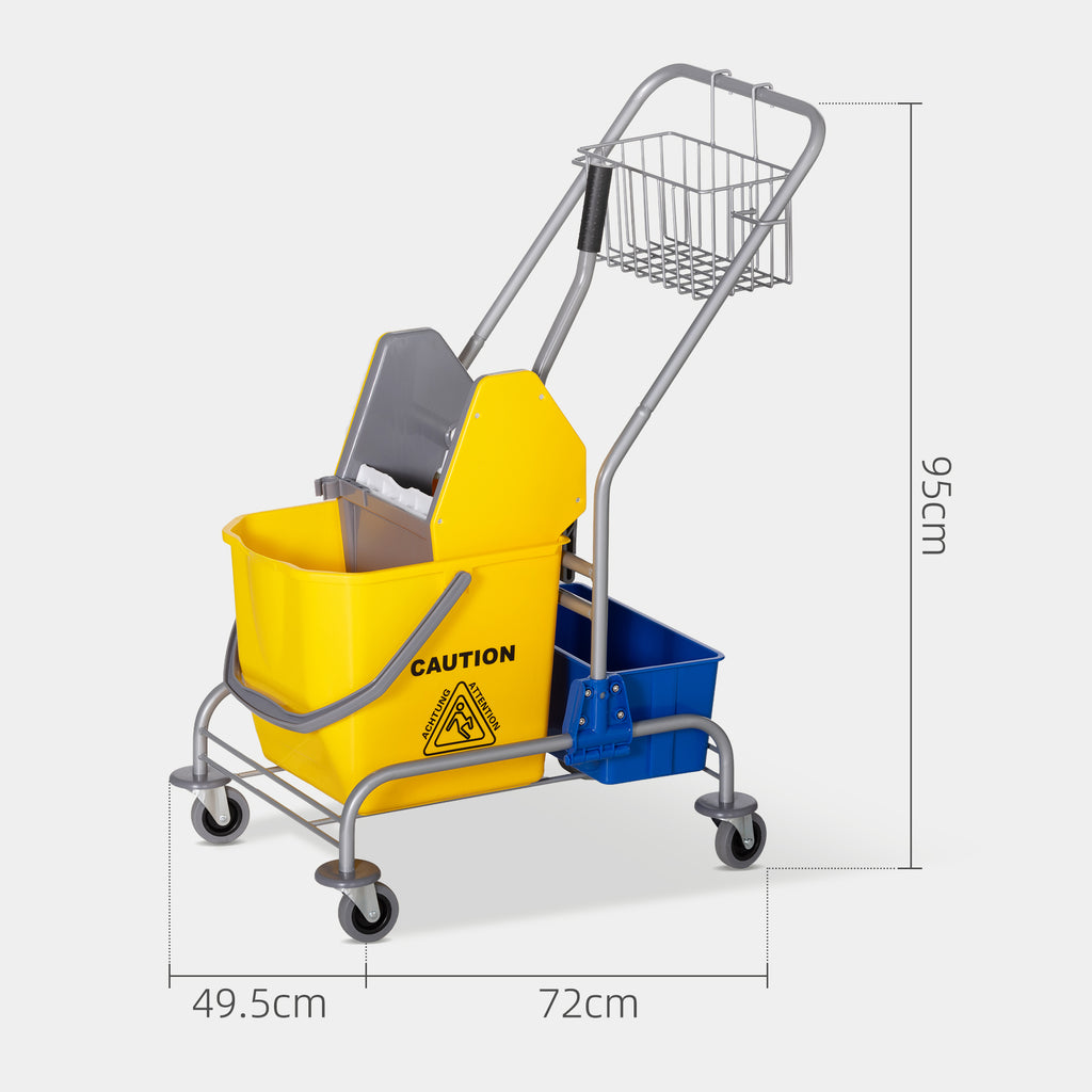 Cleaning Trolley with Wringer, 25L Bucket and Plastic Shelf, in PP and Metal, 72x49.5x95 cm, Blue and Yellow