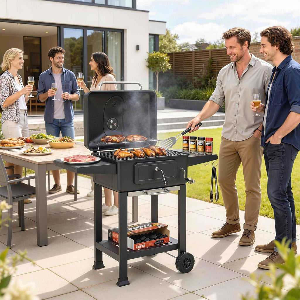Outsunny Charcoal Barbecue, Portable Smoker with Ventilation, Thermometer and Side Shelves, Black