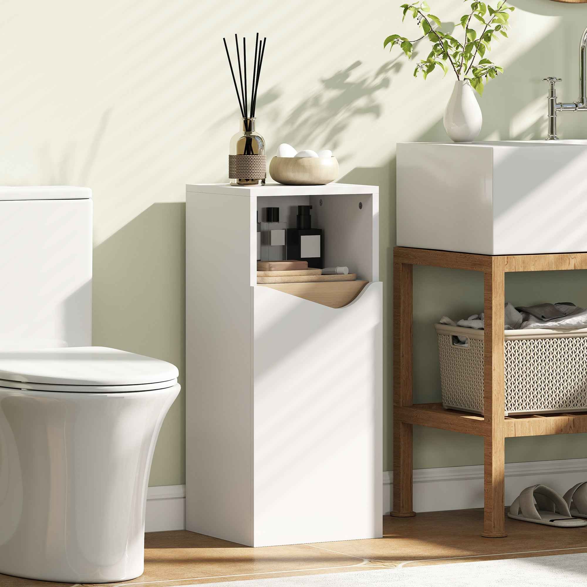 HOMCOM Bathroom Cabinet with Soft-Close Door and Open Compartment, 30x30x71.5 cm, White and Wood