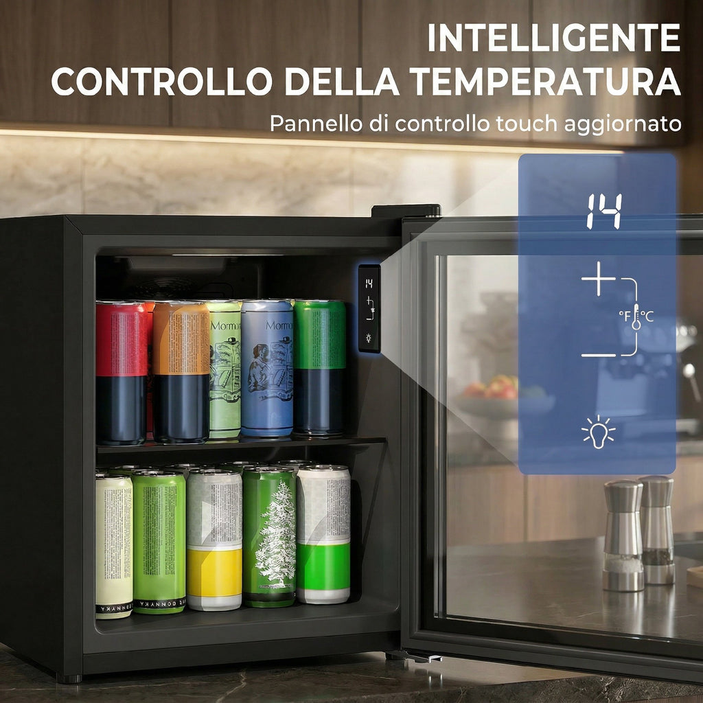 HOMCOM 46L Mini Office Fridge, 59 Cans, Adjustable Temperature 0-20℃ with Double Tempered Glass Door, Black