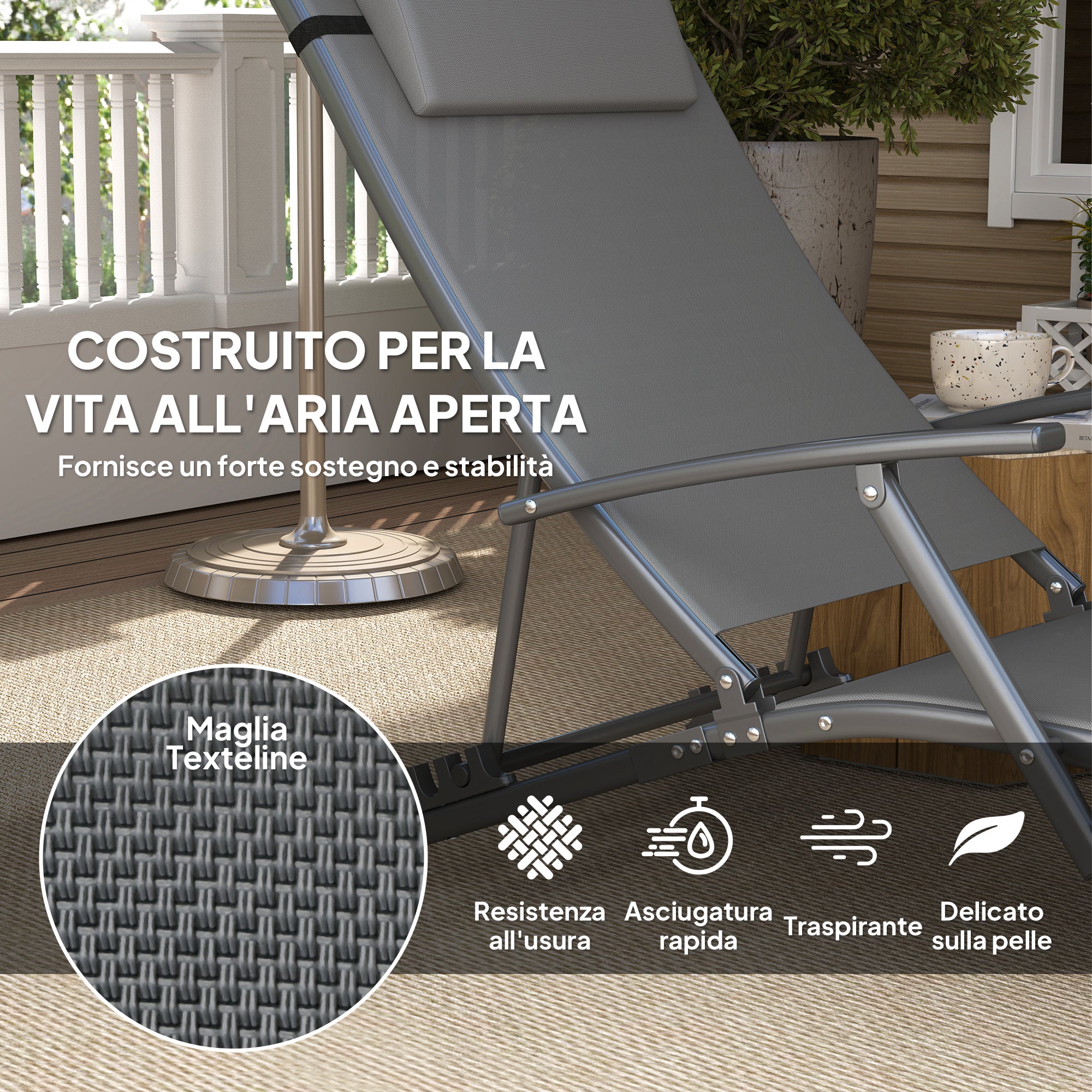 Set of 2 Folding Garden Deckchairs with 4-Level Adjustable Backrest and Cushion, Gray