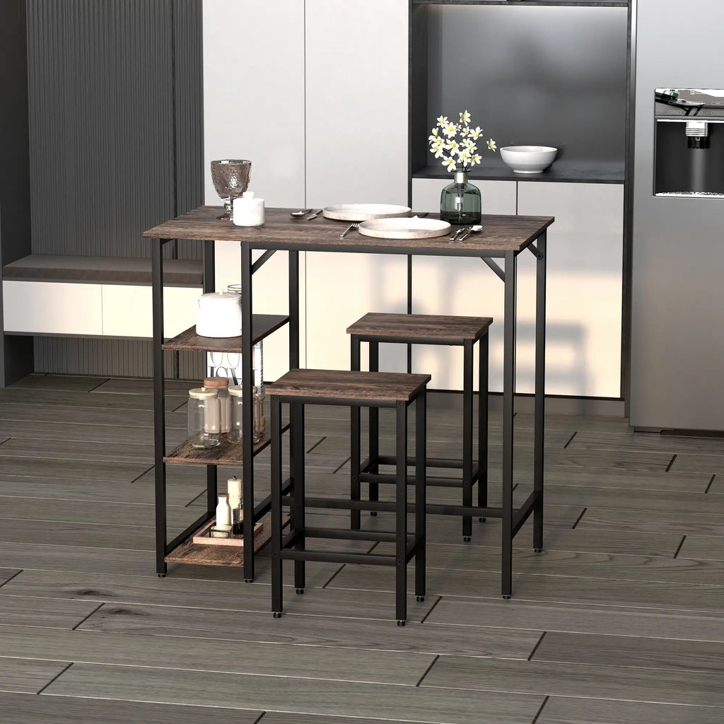 Industrial Style High Table Set with 2 Stools and Shelf in Metal and Wood, Modern Bar and Kitchen Furniture, Rustic Brown