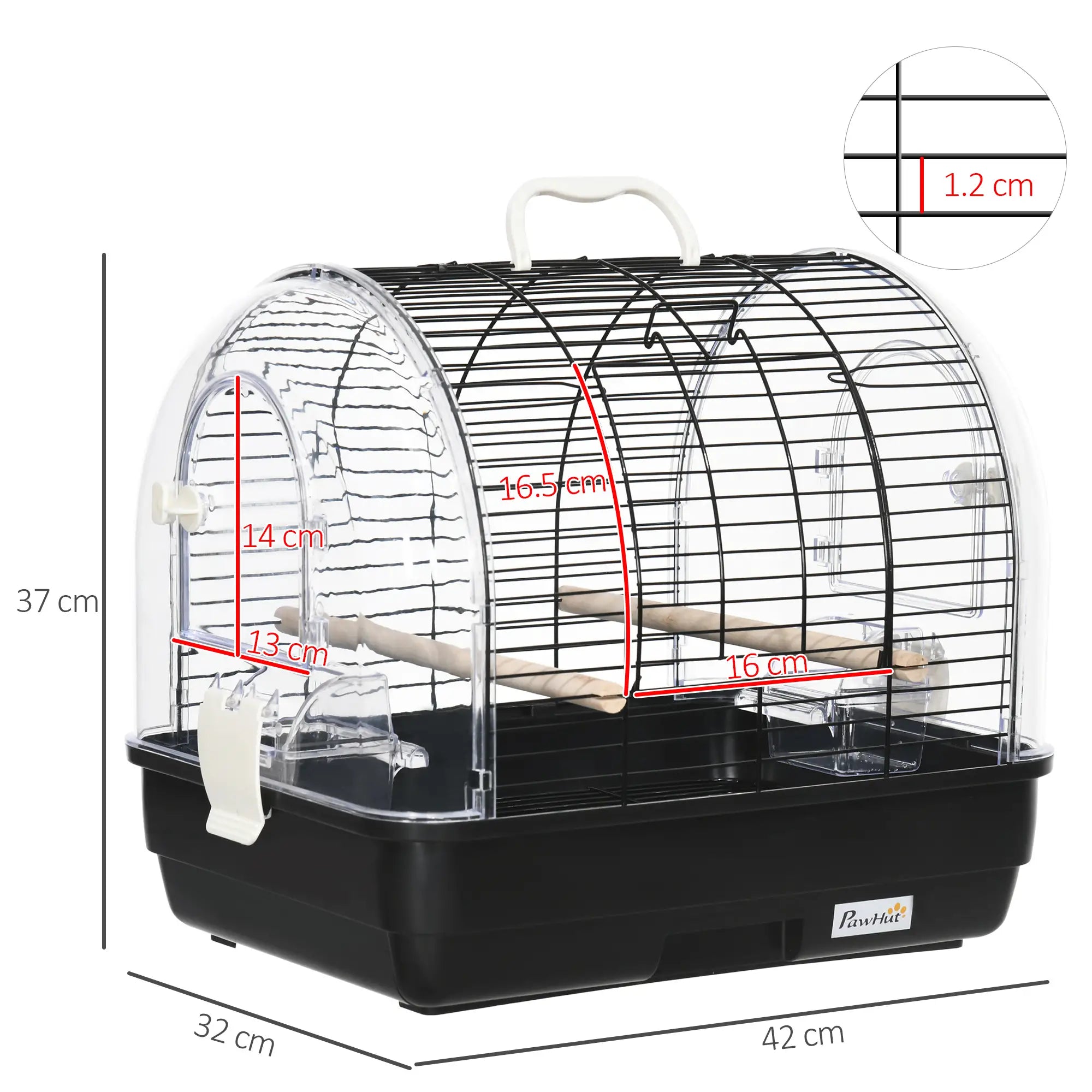 Steel Bird Cage with Perches, Removable Tray and Handle, 42x32x37 cm, Black - Borge' Group Limited