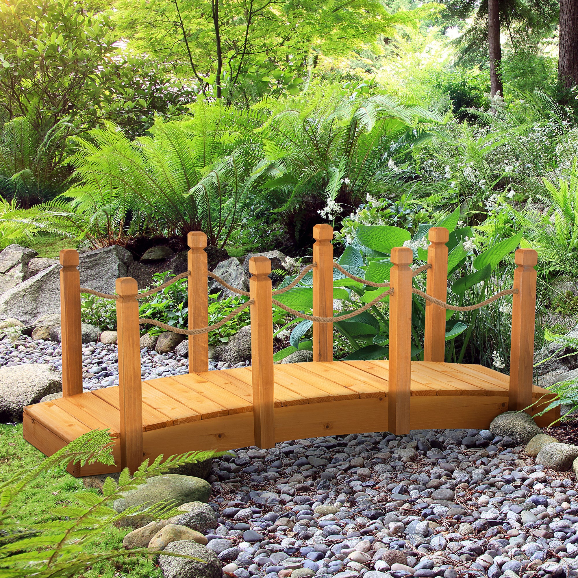 Outdoor Wooden Bridge with Hemp Sides, Fir Wood Structure, 150x58x58.5cm, Orange