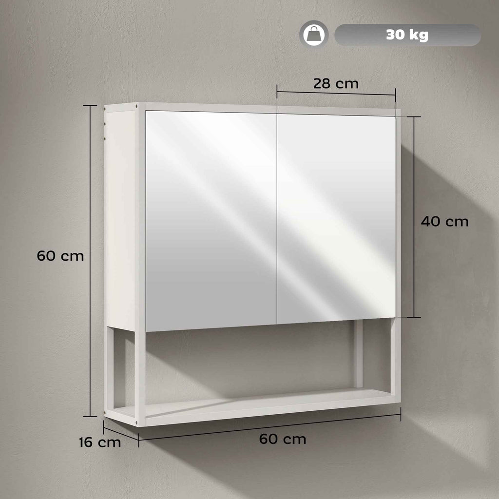 HOMCOM Wall-Mounted Bathroom Cabinet with Mirror, Adjustable Shelf and Open Shelf, 60x16x60 cm, White