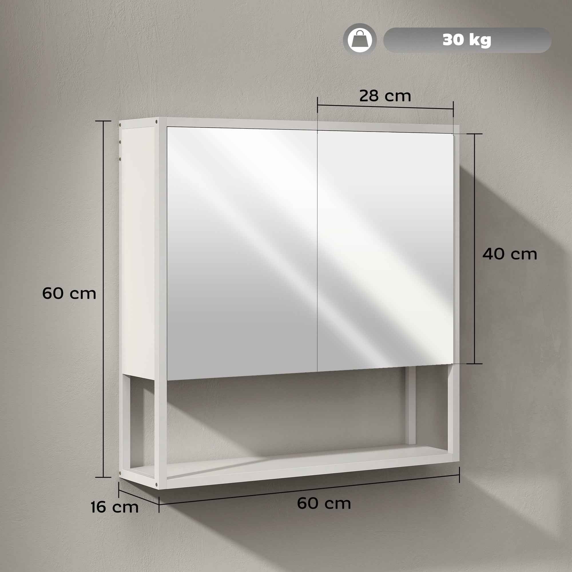 HOMCOM Wall-Mounted Bathroom Cabinet with Mirror, Adjustable Shelf and Open Shelf, 60x16x60 cm, White