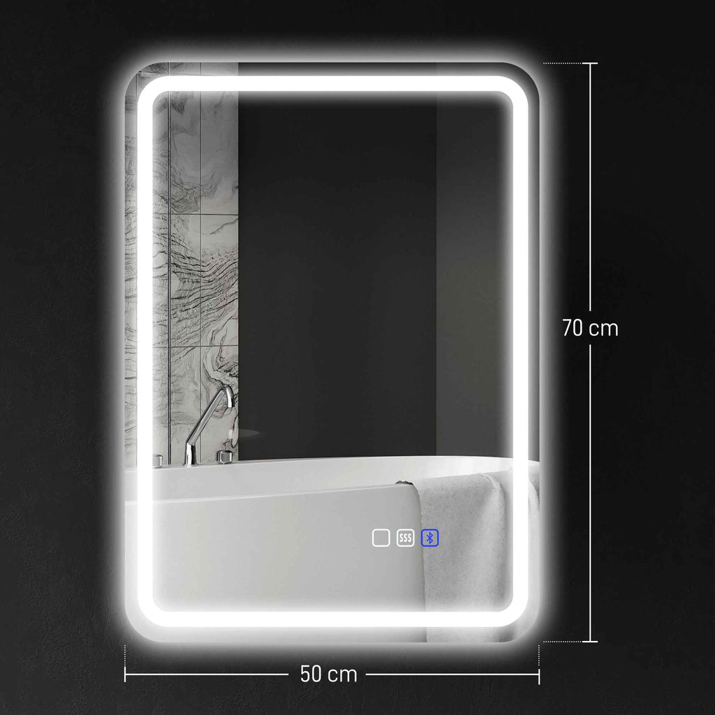 HOMCOM LED Bathroom Mirror with Bluetooth, Adjustable Lighting and Memory Function, Tempered Glass, 70x50x3.5 cm