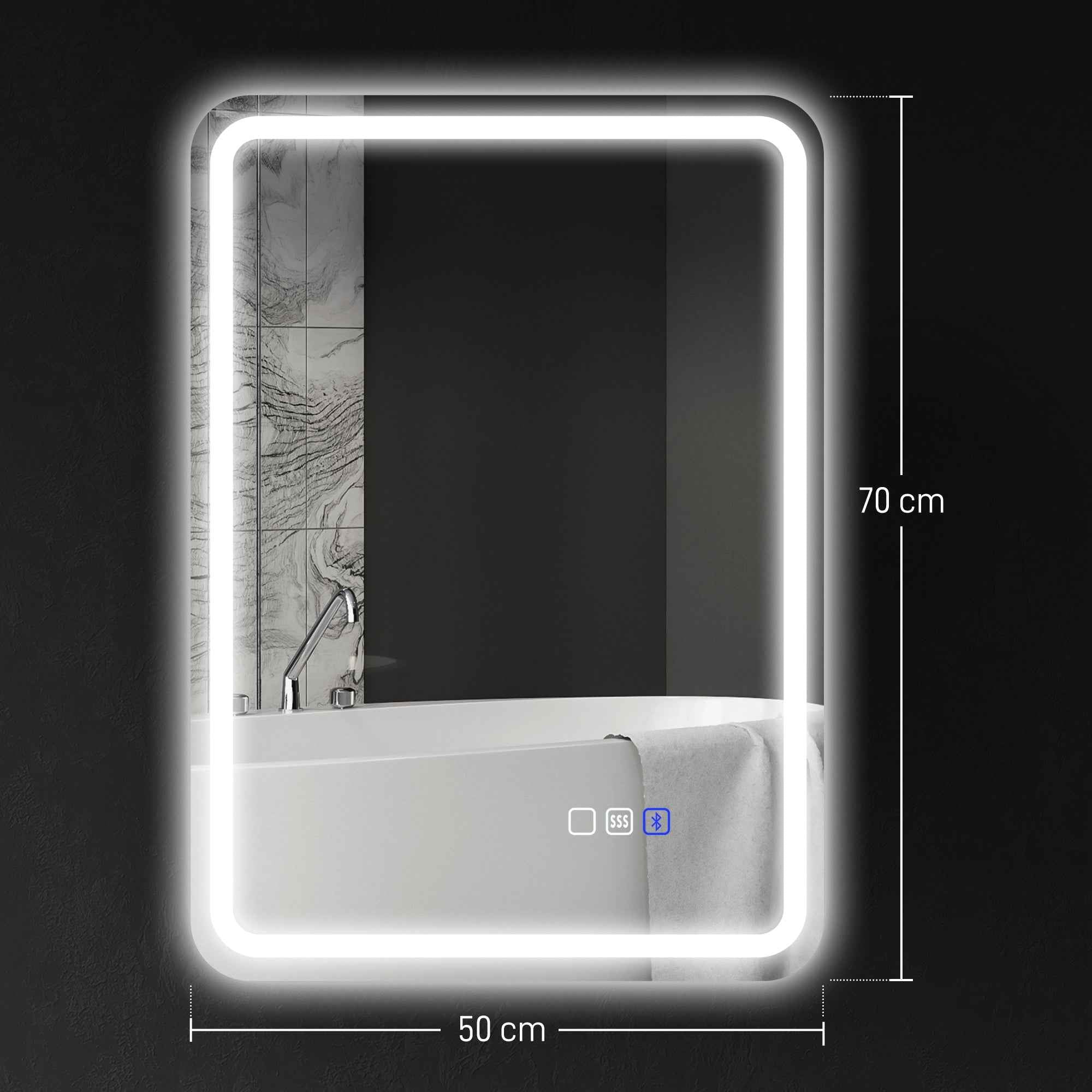 HOMCOM LED Bathroom Mirror with Bluetooth, Adjustable Lighting and Memory Function, Tempered Glass, 70x50x3.5 cm