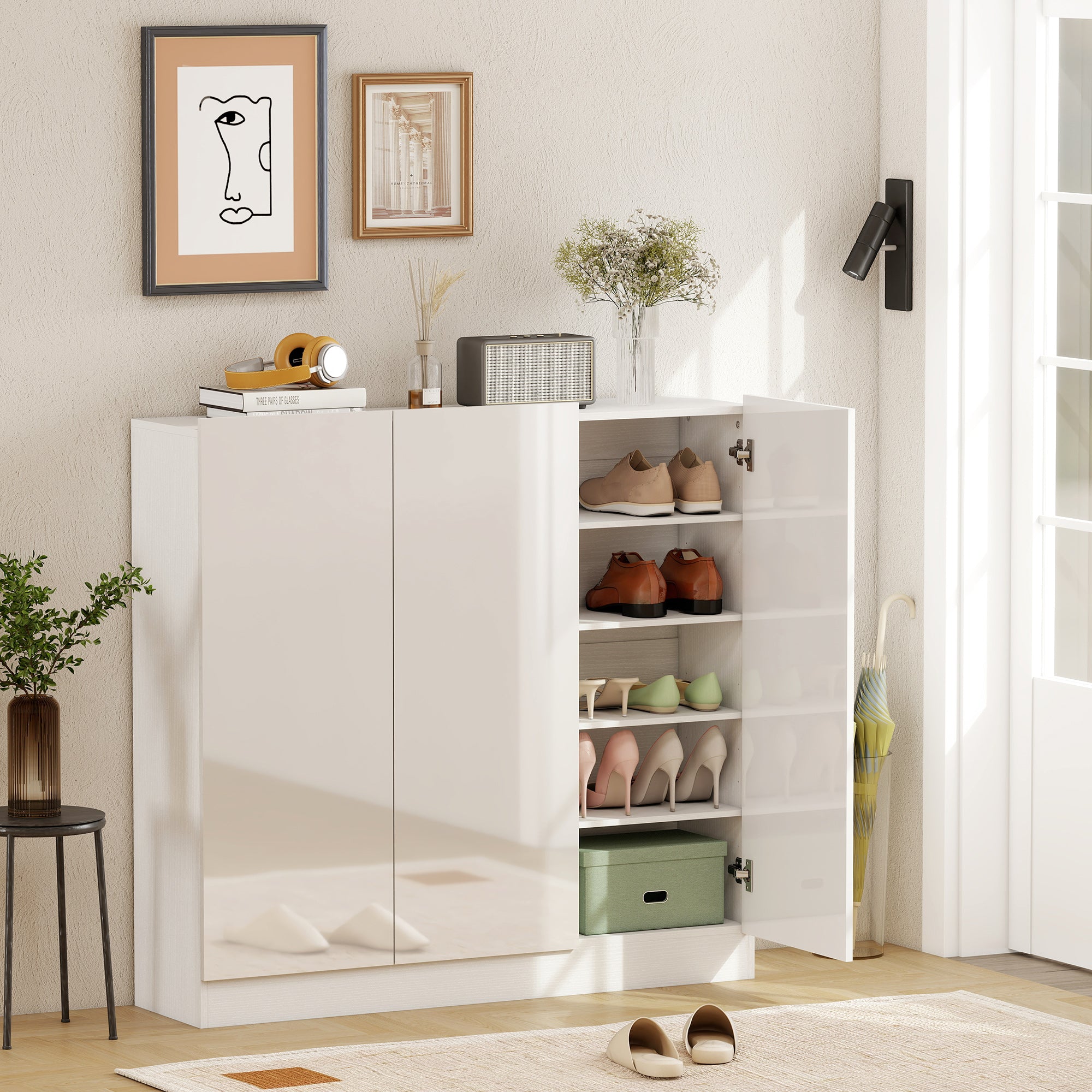 Slim Entryway Shoe Rack for 25-30 Pairs of Shoes with Soft-Close Doors, Glossy White