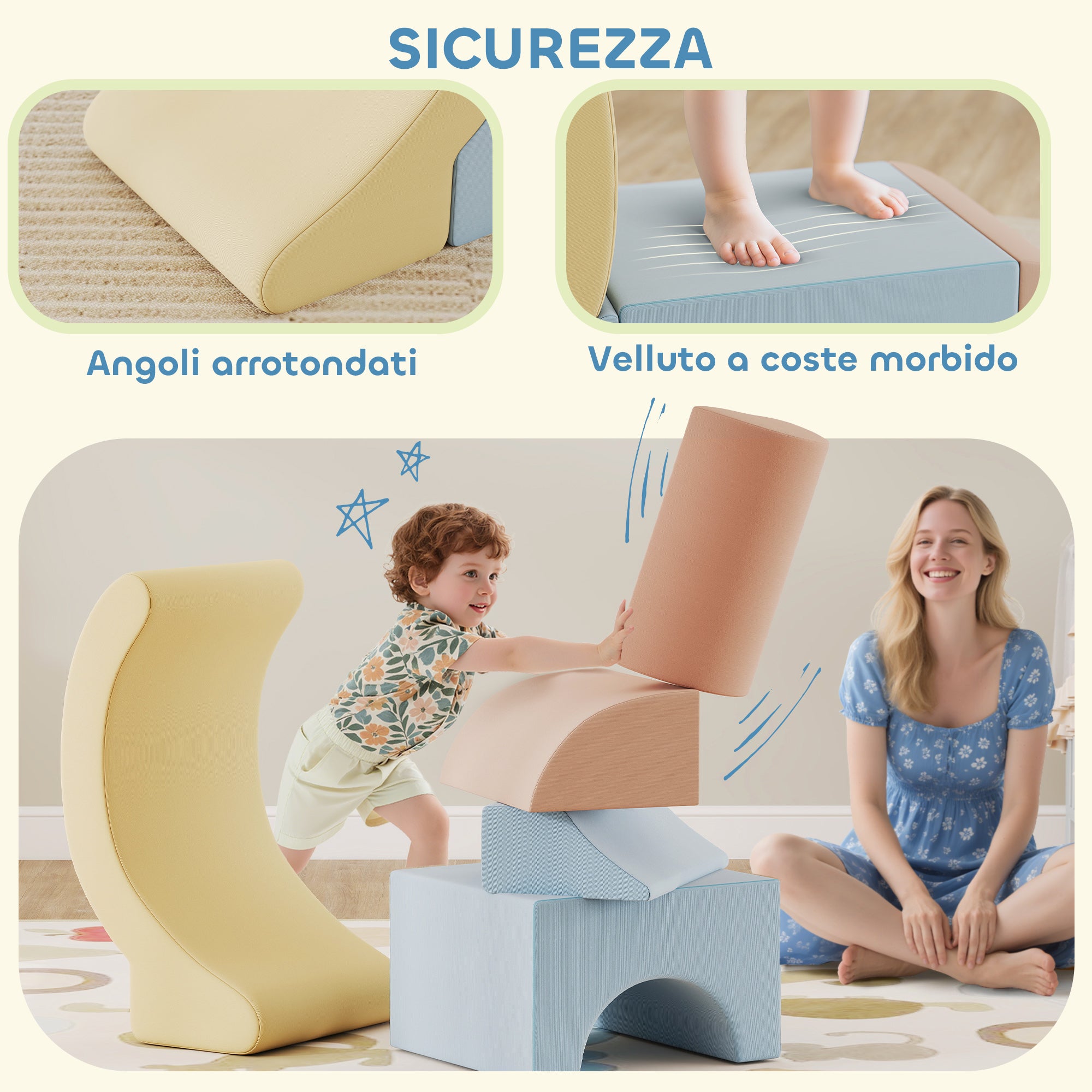 Set of 5 Soft Construction Toys for Children 1.5-8 Years, in Velvet and Sponge Effect Fabric, Multicolored