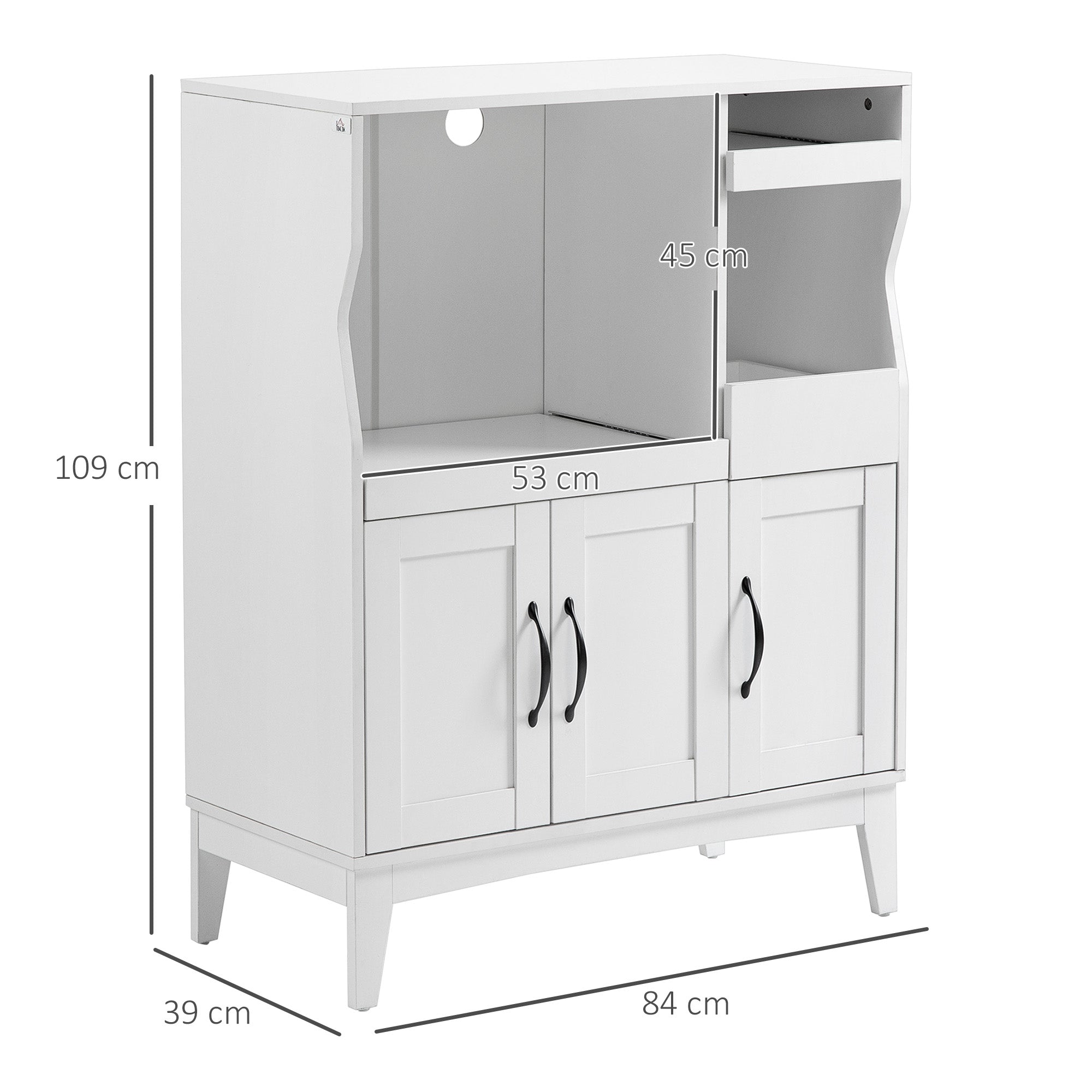 Space-Saving Kitchen Sideboard with 2 Cabinets and 2 Pull-Out Wooden Shelves, 84x39x109 cm, White