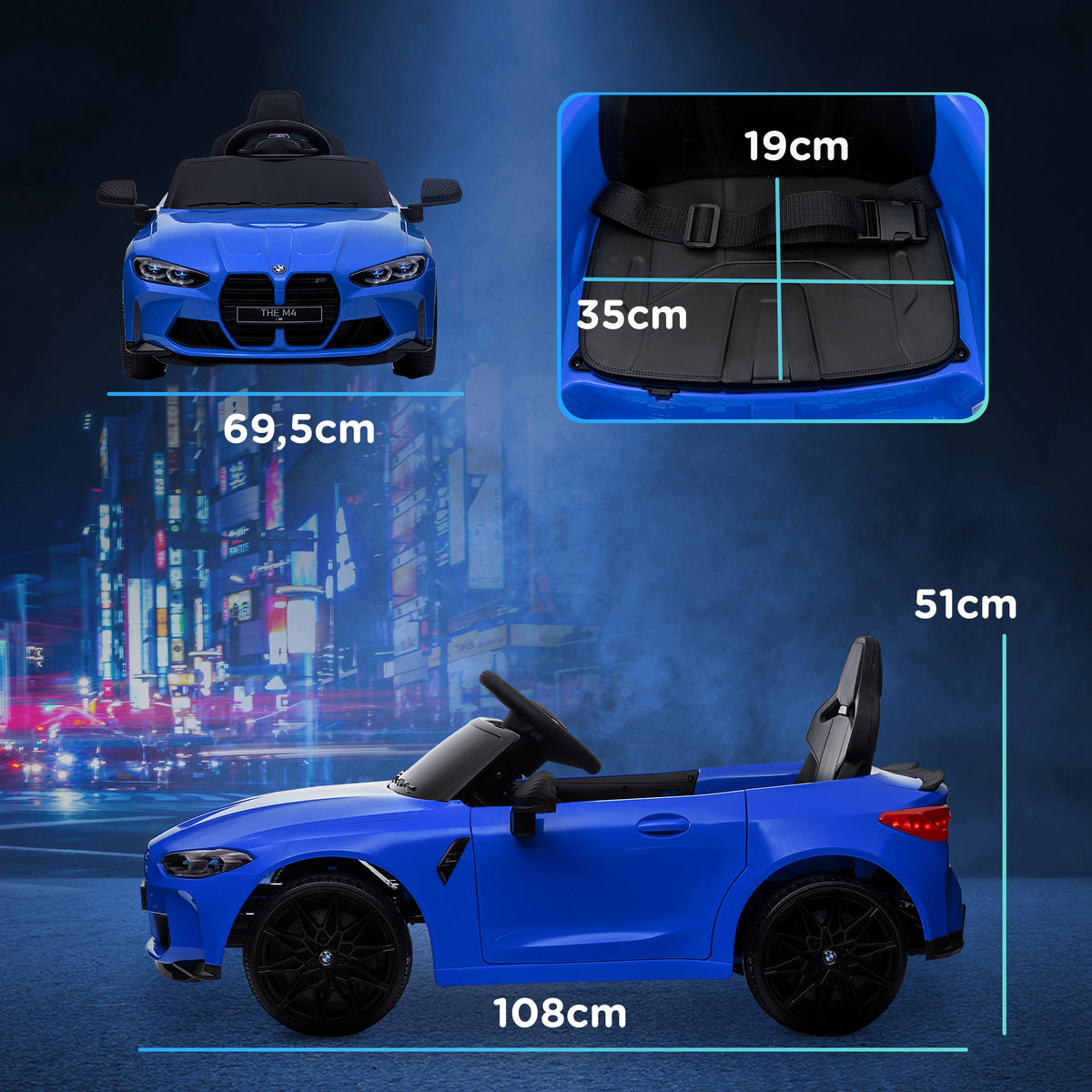 AIYAPLAY Licensed BMW M4 Electric Ride-On Toy Car for Kids with Remote Control, Horn and Headlights, 108x69.5x51 cm, Blue