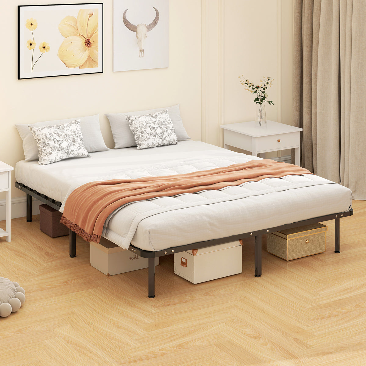 HOMCOM Industrial Double Bed with 28 Slats and Storage Space, in Wood and Steel, 190x160x31 cm, Black and Wood