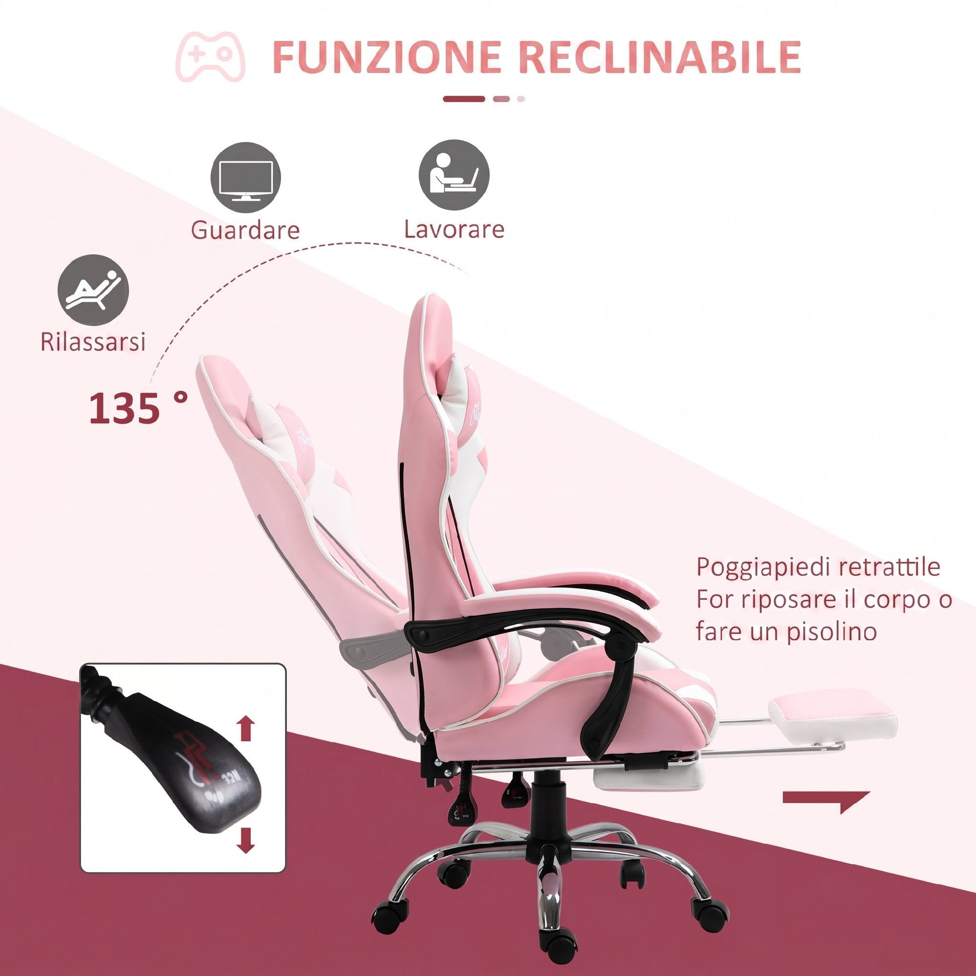 Vinsetto Ergonomic Reclining Gaming Chair with Headrest, Lumbar Cushion, Adjustable Height, Pink and White