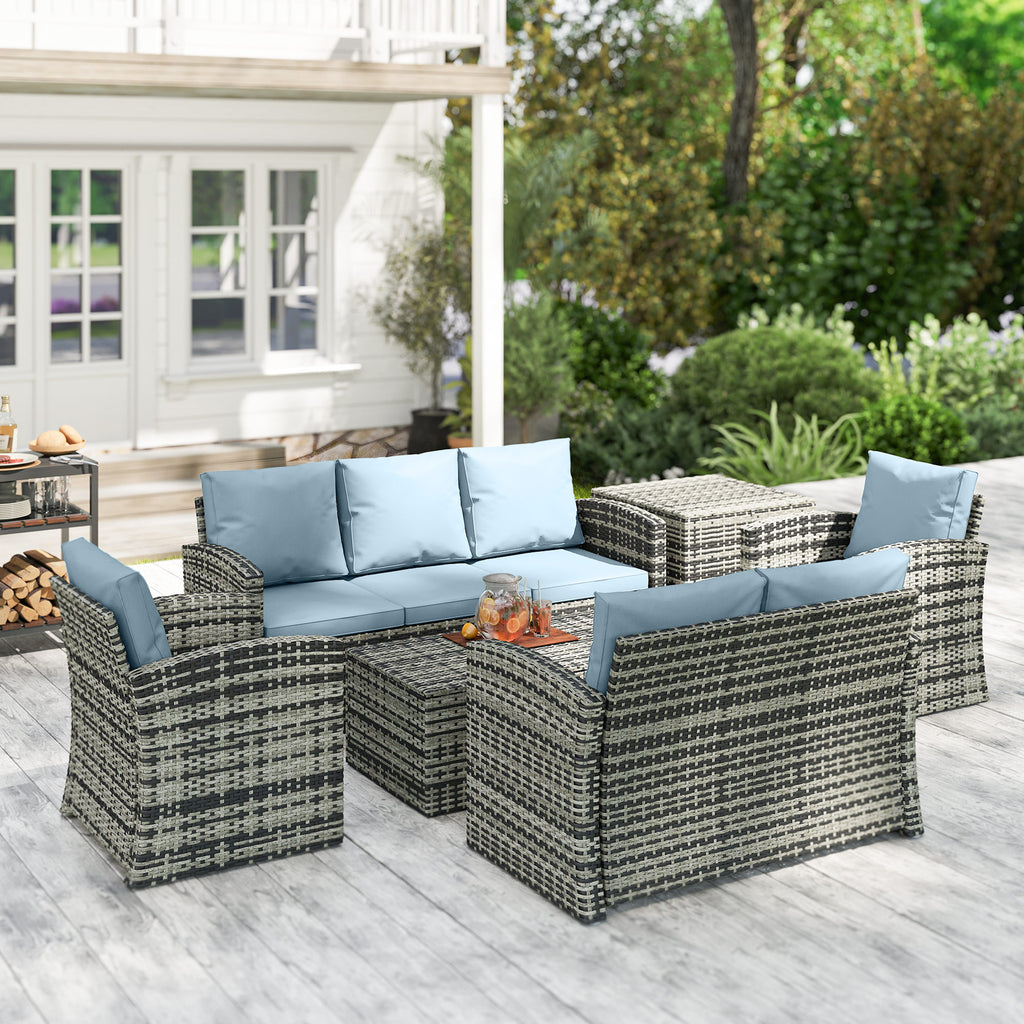 6-Piece Outdoor Set with 2 Storage Tables, 2 Sofas and 2 Armchairs, in Rattan and Steel, Grey