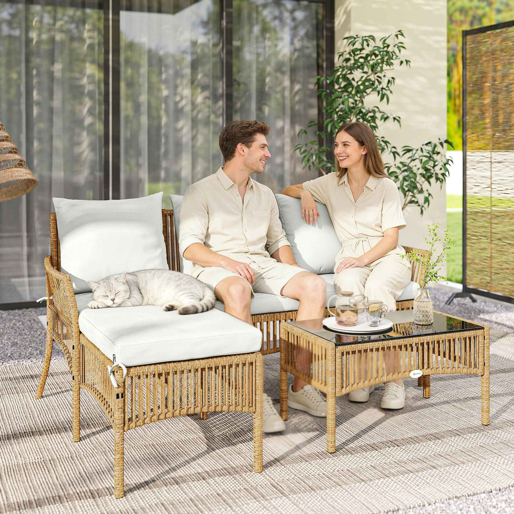 Outsunny 3-Piece Garden Set with Sofa, Chaise Longue and Coffee Table, Steel and PE Rattan, Cream