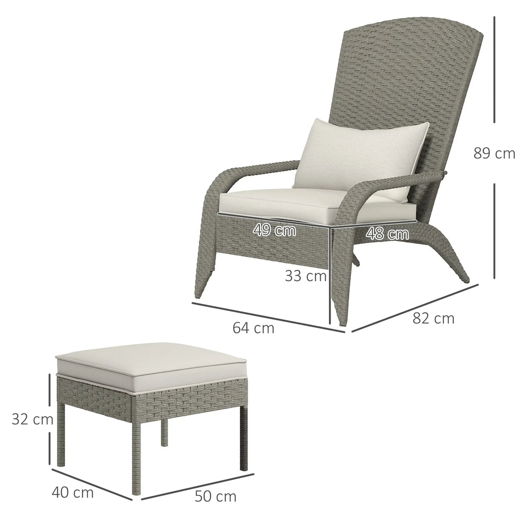Garden Chair with Footrest and Padded Cushions, in Rattan and Steel, 64x82x89 cm, Grey and Cream