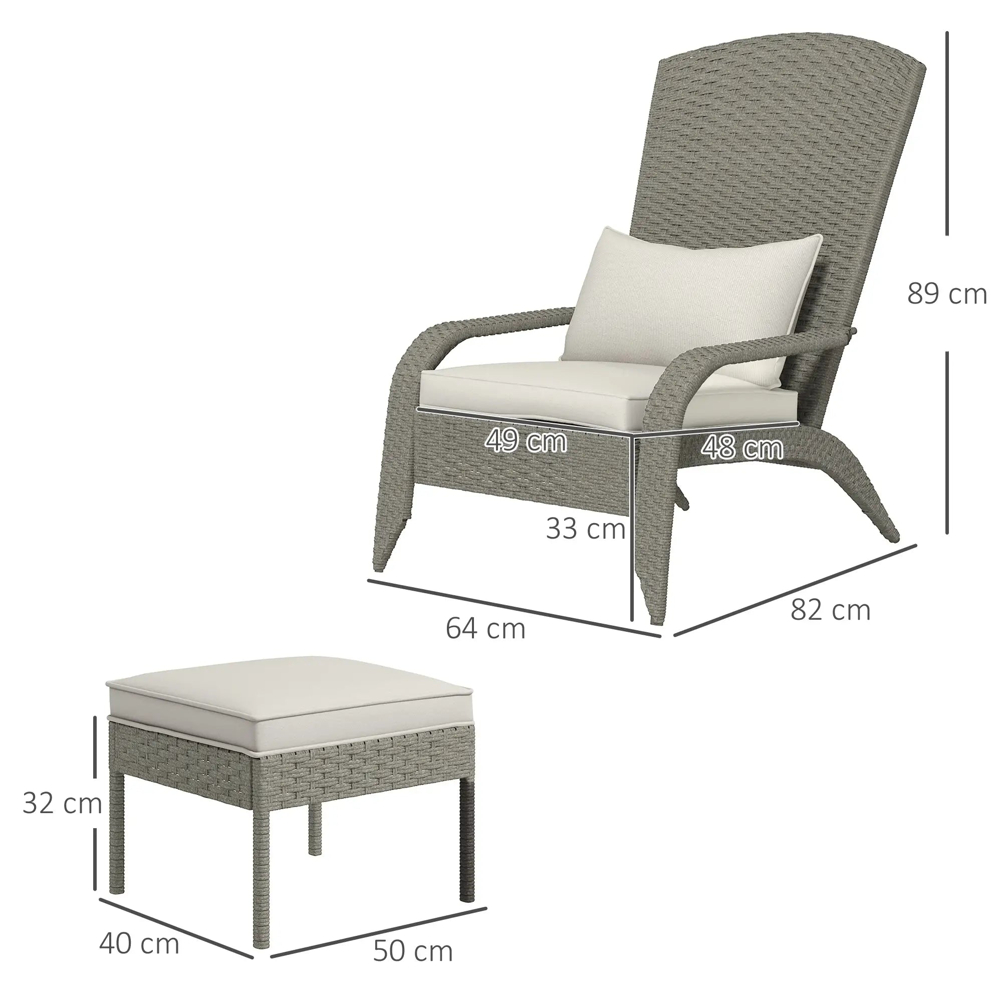 Garden Chair with Footrest and Padded Cushions, in Rattan and Steel, 64x82x89 cm, Grey and Cream