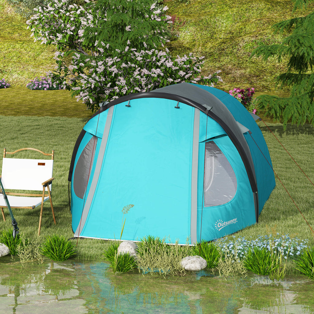 3-Person Camping Tent with Bedroom and Veranda, 3000mm Waterproof and Transport Bag, Light Blue