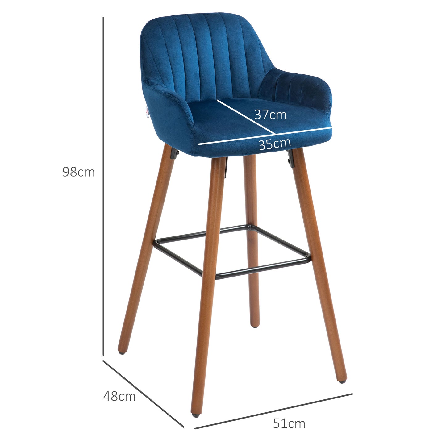 Set of 2 Modern Velvet Bar Stools with Backrest and Armrests, Wooden Base and Footrest, Dark Blue