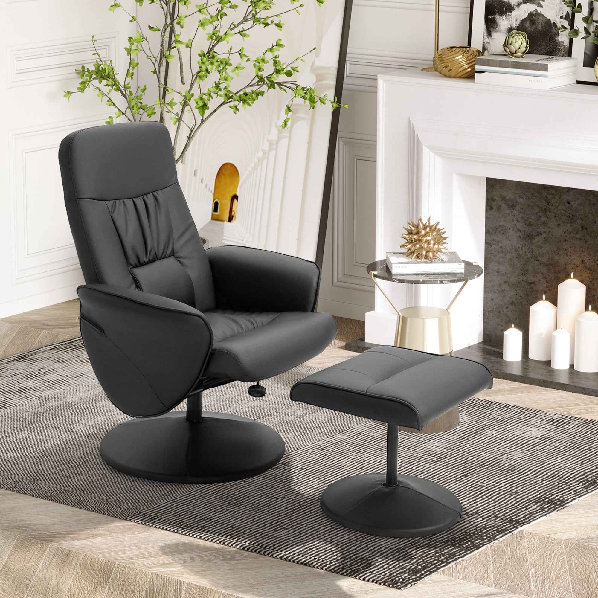 HOMCOM 360° Swivel Metal and Faux Leather Relaxing Chair with Footrest and Adjustable Backrest, Black