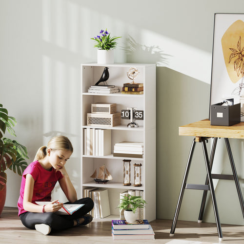 5-Shelf Bookcase Cabinet with 3 Flexible Shelves, in Wood, 60x24x133.5 cm, White
