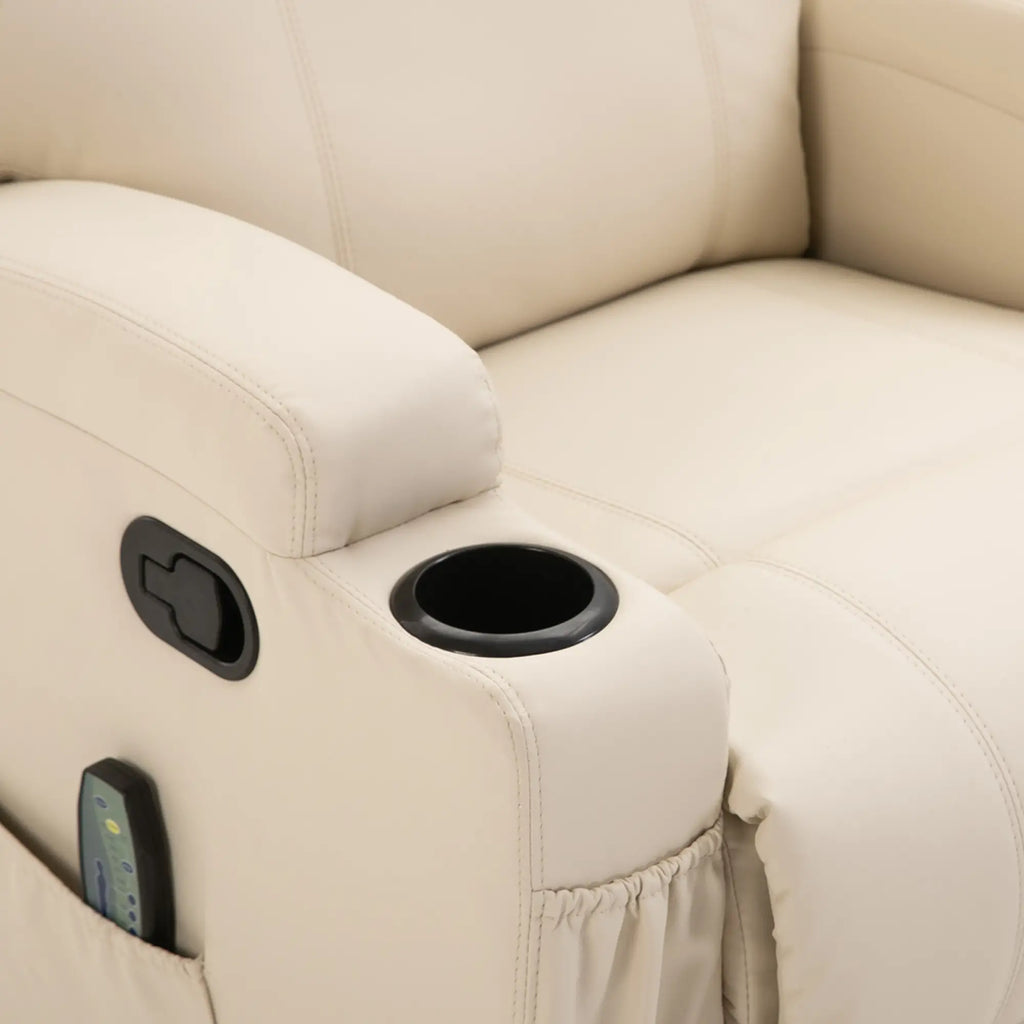 Manual Reclining Massage Chair, Electric Swivel Relax Chair with 2 Cup Holders, Remote Control, Footrest and 4 Side Pockets, in PU Leather, Wood and Steel, Cream