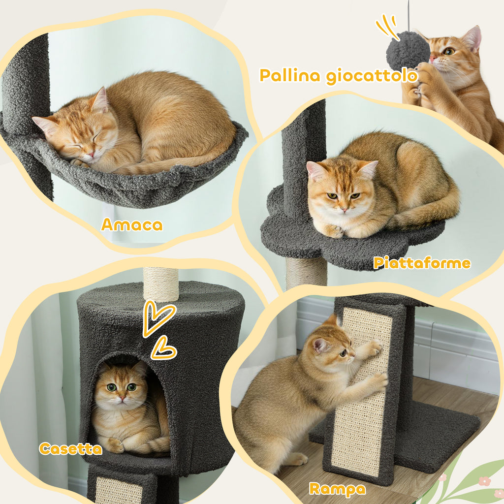 220-240cm High Ceiling Cat Tree with Hammock, House, Flower Platforms and Sisal Posts, Grey