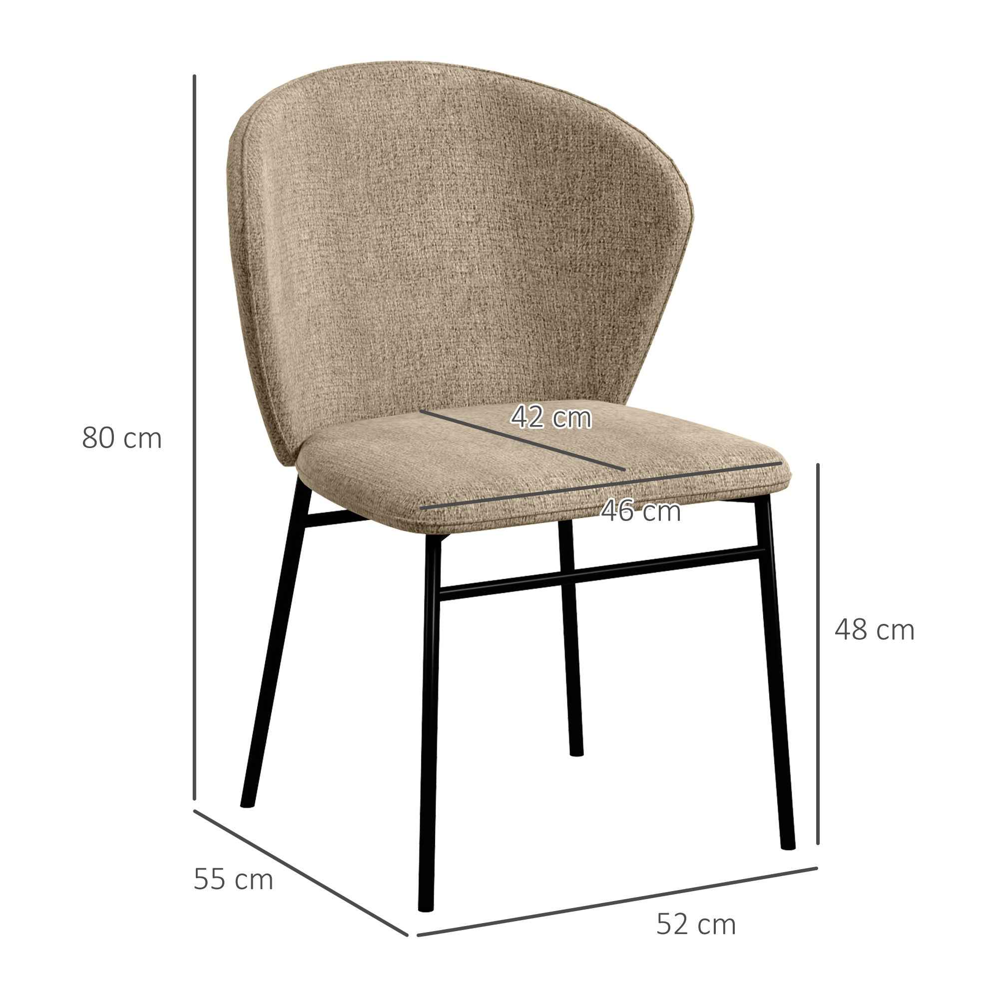 Set of 2 Dining Chairs in Steel and Linen-Effect Fabric, Padded Seat, Curved Backrest, Light Brown