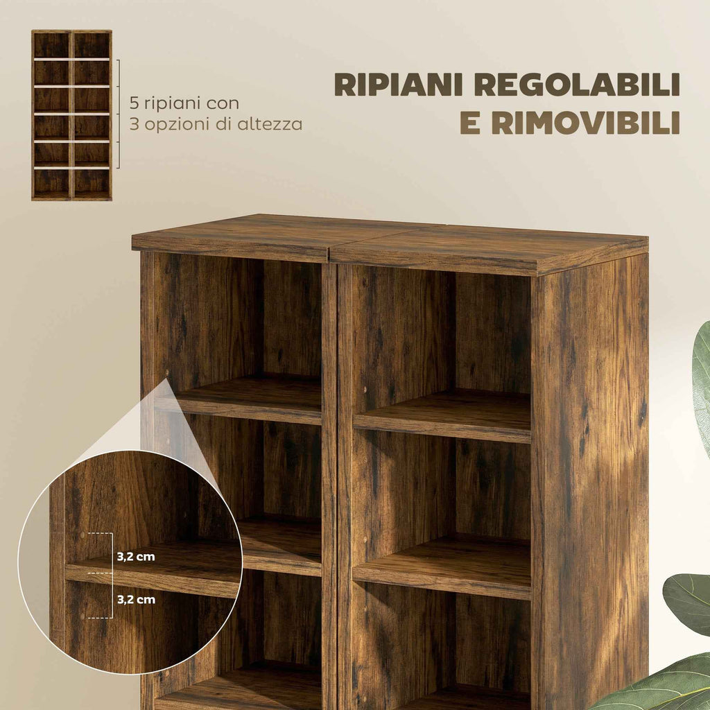 HOMCOM Set of 2 CD Racks with Adjustable Shelves for 204 CDs, Wooden, 21x22.5x88.5 cm, Rustic Brown