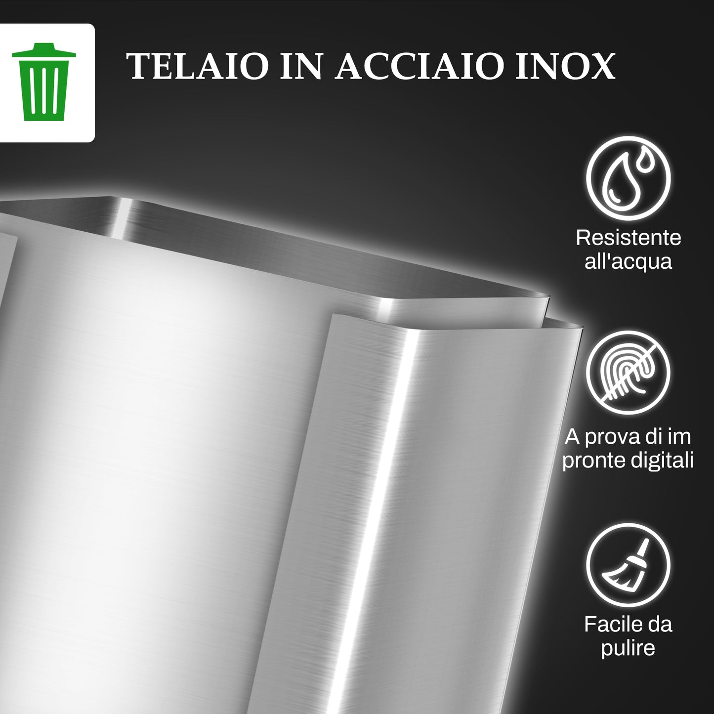 Section Dustbin with Silent Closure, Stainless Steel and PP, 45.8x36x51.6 cm