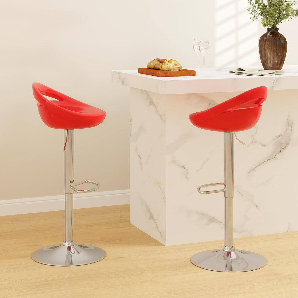 Set of 2 Swivel Bar Stools with Footrest, Adjustable Height, Steel Base, ABS Seat, Red